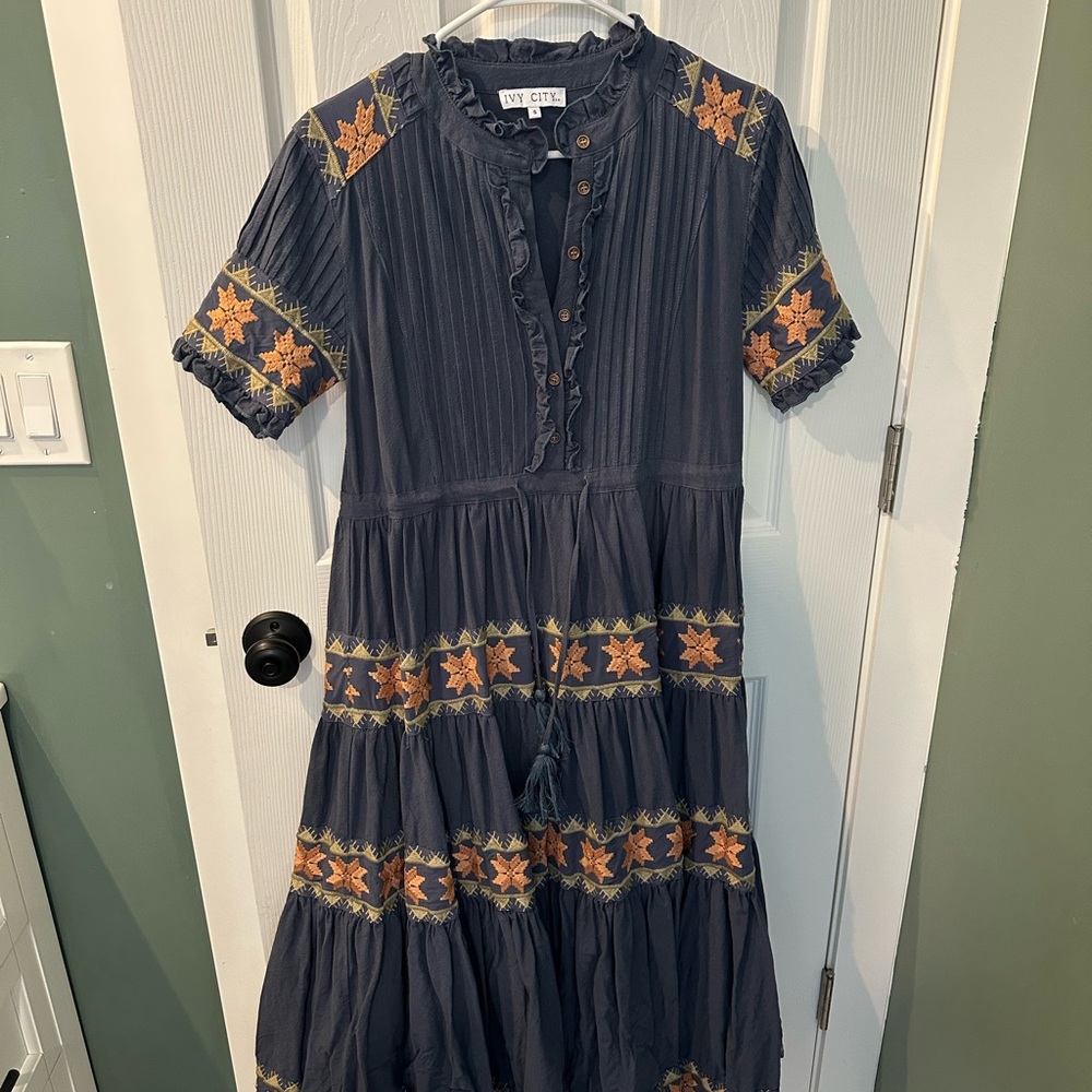 Ivy City Co Blue Maxi Dress with Orange Embroidery
